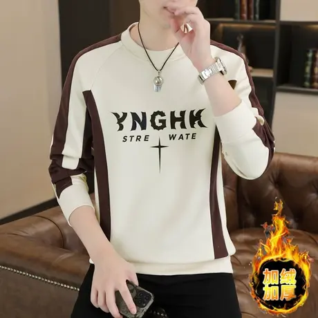 新款加绒卫衣男士秋冬季潮牌圆领加厚长袖打底衫字母印花秋装上衣商品大图