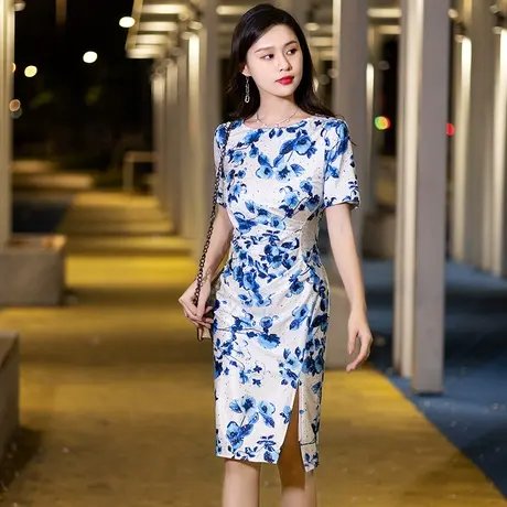 小晚礼服裙女青花瓷平时可穿奢华轻奢大牌气质洋气减龄宴会连衣裙图片