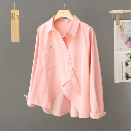 纯棉设计感小众粉色衬衫女士小个子短款2024春秋款高级感衬衣上衣图片