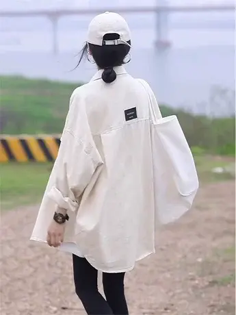 休闲衬衫外套女2024春秋季新款小个子宽松设计感小众牛仔衬衫上衣图片