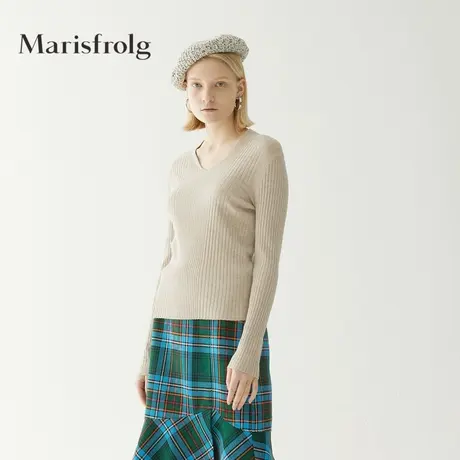 Marisfrolg玛丝菲尔2020秋季新款女装针织衫修身V领长袖套头上衣商品大图