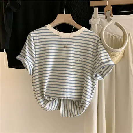 蓝白条纹刺绣字母短袖T恤女夏2024新款胖mm遮肚上衣藏肉洋气减龄商品大图