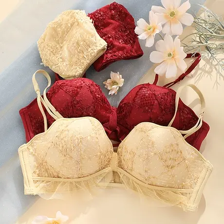 浪漫春天内衣女小胸聚拢性感蕾丝文胸套装上托收副乳美背厚款bra图片
