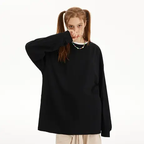 大码纯色基础加肥加大宽松美式长袖t恤男简约风潮牌冬季男款上衣商品大图