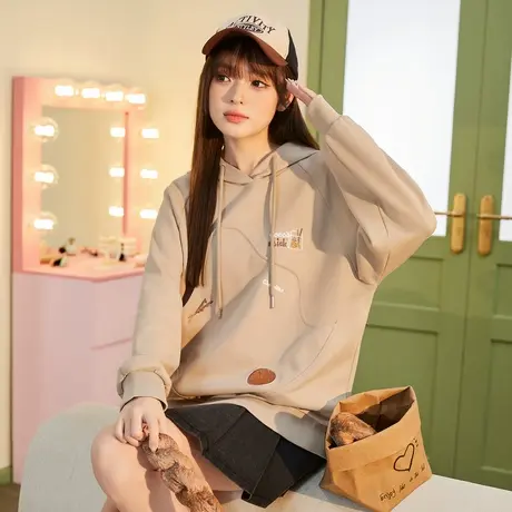 唐狮女卫衣春秋季连帽宽松独特图案别致上衣甜美学院风韩系运动图片