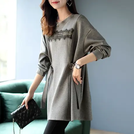 宝诗黎蕾丝拼接中长款卫衣女2024春季新款慵懒风韩版宽松气质上衣图片