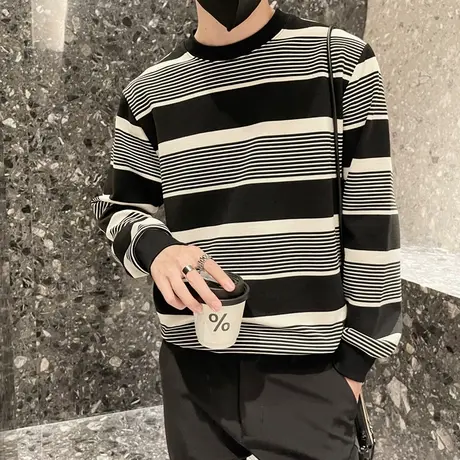 个性拼色条纹卫衣T恤男春季新款ins轻熟休闲长袖T恤内搭潮牌上衣商品大图