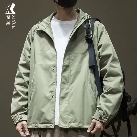 希越绿色连帽夹克男2024春季款宽松大码男士防风外套潮牌百搭上装商品大图