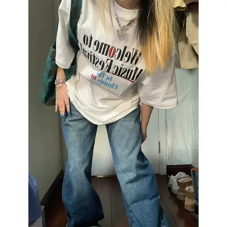 纯棉短袖t恤女夏季新款港风chic美式复古小个子宽松显瘦半袖上衣商品大图