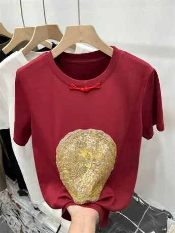 国风盘扣新年红短袖T恤亮片宽松上衣女2024早春新款新中式打底衫商品大图