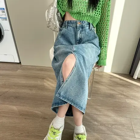 高腰a字版牛仔半身裙女春季新款宽松显瘦中长遮胯开叉鱼尾包臀裙图片