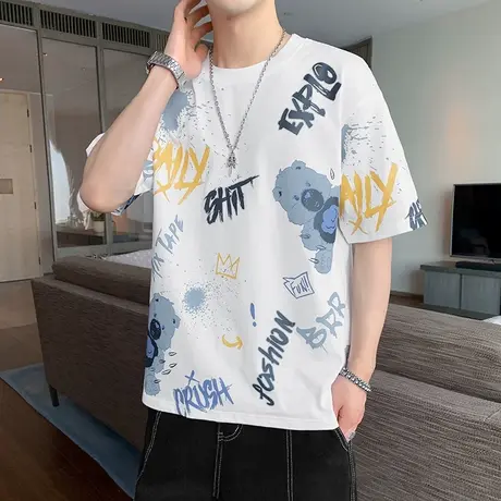 夏季潮牌个性印花男士t恤短袖纯棉半袖体恤打底衫青少年潮流上衣商品大图