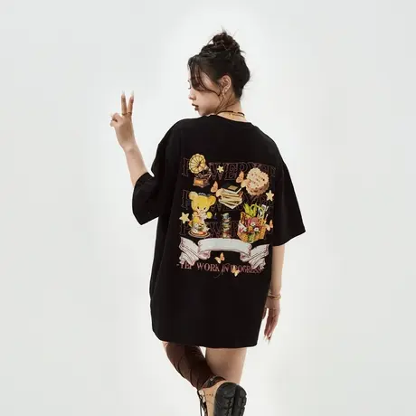 【好物体验专享】复古黑色印花短袖t恤女夏季2024新款街头潮牌商品大图