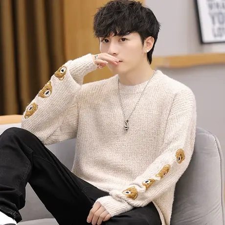 貂绒毛衣男士半高领线衣加厚保暖针织衫青年高中学生韩版潮流个性商品大图