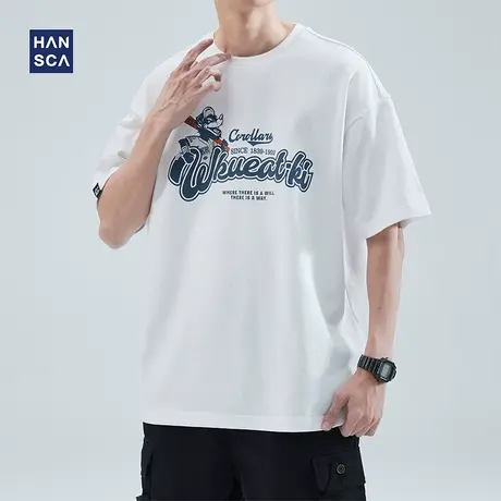 hansca 印花白色t恤男短袖夏季新款纯棉休闲大码圆领宽松半袖上衣商品大图