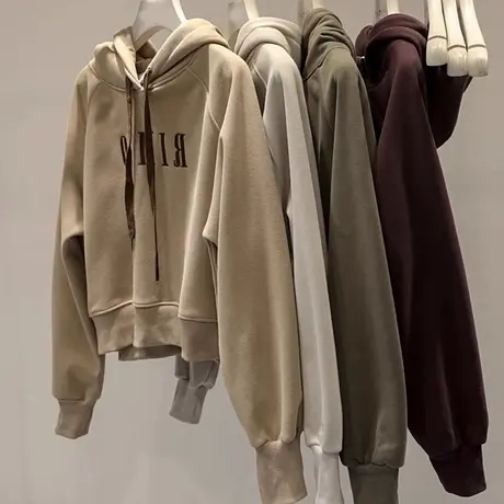 小个子短款连帽卫衣女春秋薄款宽松韩版潮学生学院风上衣套头外套商品大图