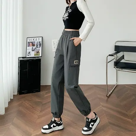 灰色工装裤女小个子2024春秋季休闲束脚高腰宽松显瘦百搭哈伦裤子商品大图