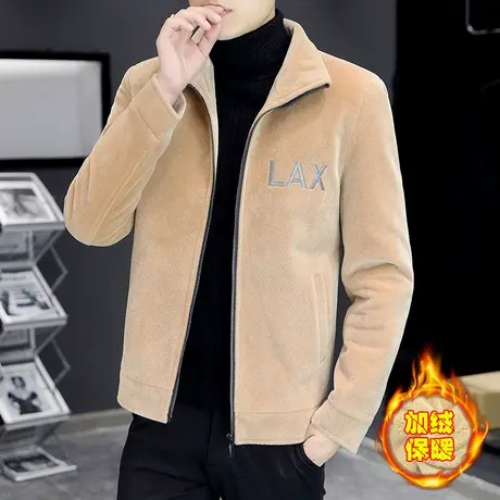 男士冬天加绒加厚貂绒外套高端男装呢子立领夹克潮流保暖短款大衣商品大图