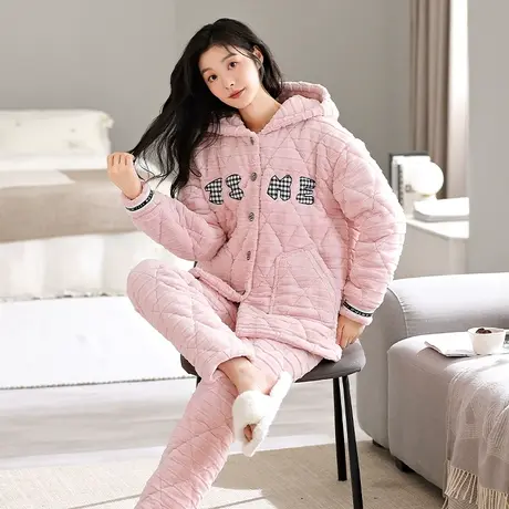 婷美睡衣女士秋冬季三层加厚夹棉珊瑚绒睡衣秋冬款家居服连帽套装商品大图