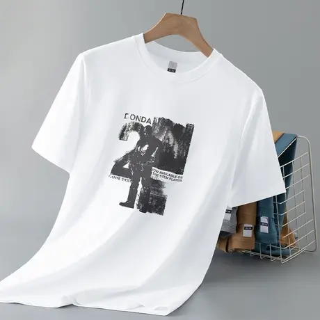 重磅纯棉白色t恤男短袖美式宽松全棉半袖夏季液氨长绒棉圆领体恤商品大图