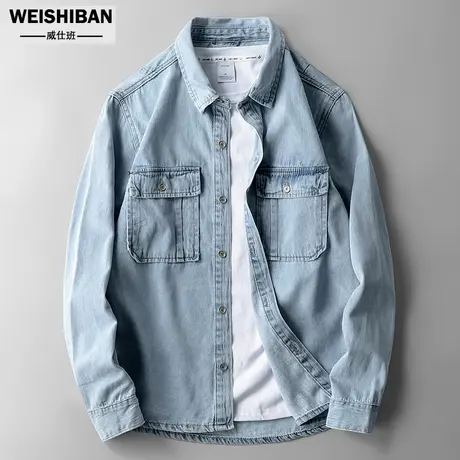 春秋季新款浅蓝色牛仔衬衫男衬衣复古水洗薄款青年内搭外穿上衣男图片