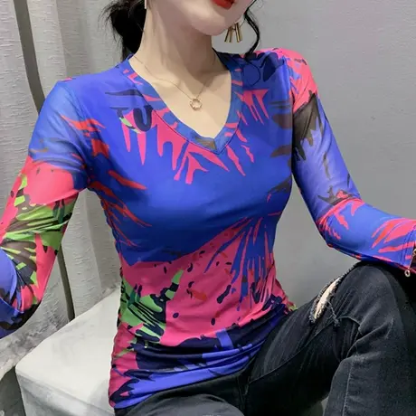 2023春秋新款网纱打底衫女内搭修身洋气上衣性感V领拼色长袖T恤潮商品大图