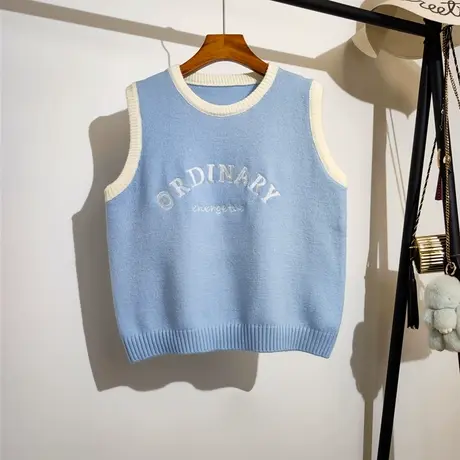 学院风针织马甲背心女秋冬新款宽松圆领叠穿字母刺绣无袖毛衣坎肩商品大图