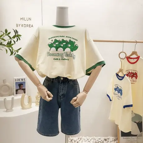 ins港味原宿风三只熊短袖2022夏季新款韩国东大门小众撞色T恤上衣商品大图