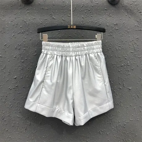 韩版2023秋新高腰pu皮短裤小众宽松显瘦女松紧腰设计感a字阔腿裤图片