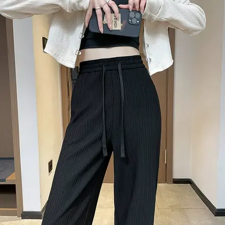 黑色阔腿裤女春季2023年新款高腰垂感直筒宽松显瘦麦穗纹休闲长裤图片