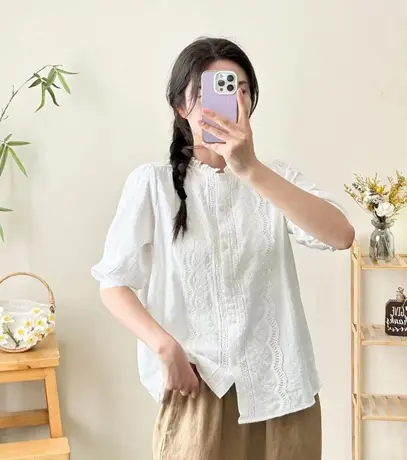 夏森女文艺小清新蕾丝花边立领五分袖衬衫女学生宽松减龄中袖上衣商品大图