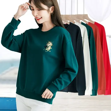 绿色卫衣女印花长袖春秋新款宽松减龄中年妈妈打底衫简约百搭上衣图片