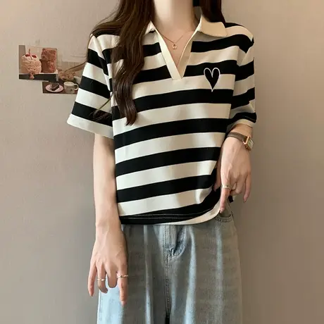 polo领条纹短袖t恤女夏季新款设计感小众宽松港风正肩上衣服翻领商品大图