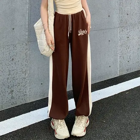 设计感直筒垂感休闲裤子女2023春夏薄款宽松高腰阔腿束脚运动卫裤图片