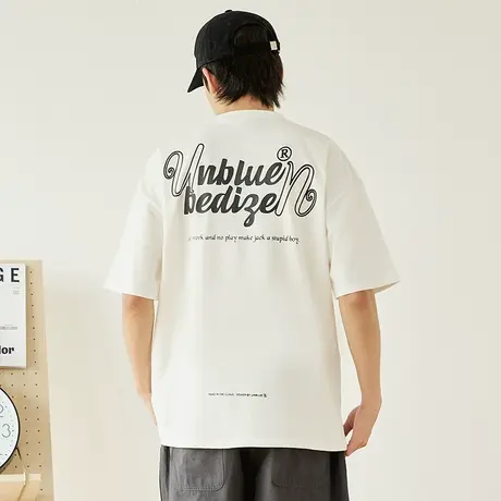 日系学生青少年t恤男短袖白色宽松落肩衣服男款字母体恤2023新款图片