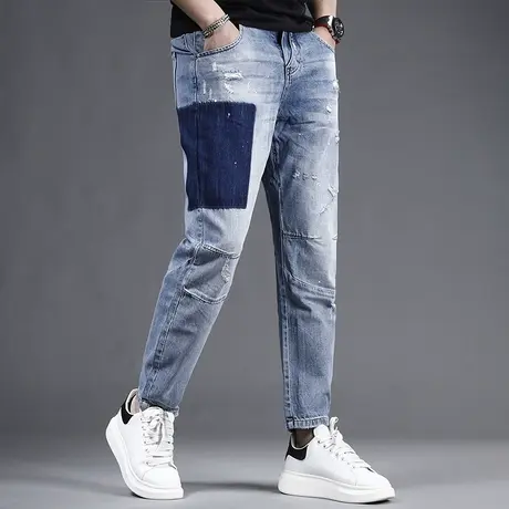 痞帅破洞牛仔裤男潮牌九分裤宽松小直筒夏季薄款2023新款男士裤子商品大图