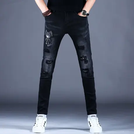 2023新款男士牛仔裤男夏季修身刺绣破洞小脚裤百搭男潮牌棉弹百搭商品大图