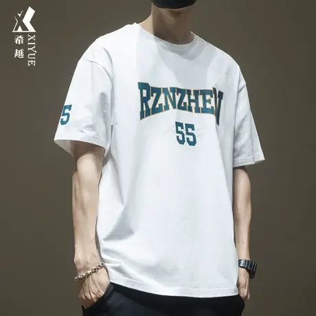 希越潮牌ins字母印花短袖白t恤男三本针260g夏季重磅宽松大码男装图片