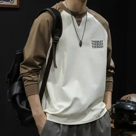 重磅206克长袖t恤男纯棉潮牌宽松大码秋季2023新款男士内搭拼接款商品大图
