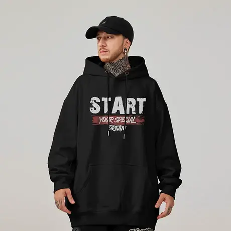 oversize秋冬季宽松加肥加大码连帽加绒美式重磅胖子卫衣男潮外套商品大图