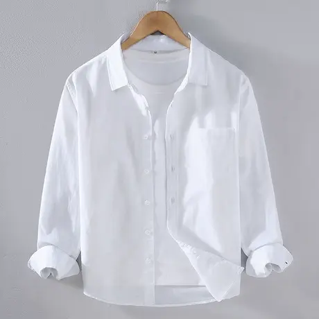 短袖衬衫夏季薄款男上衣休闲寸纯色衣宽松翻领棉麻男士白色衬衣潮商品大图