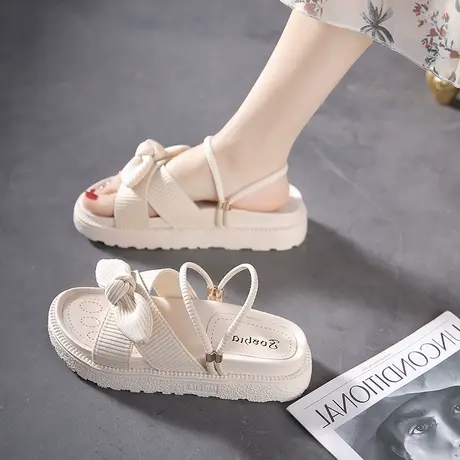 配裙子两穿拖鞋女外穿2023夏季新款百搭松糕厚底一字蝴蝶结凉鞋女商品大图