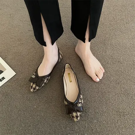 永希单鞋女平底2023年春季新款气质千鸟格软底瓢鞋浅口小香风女鞋商品大图