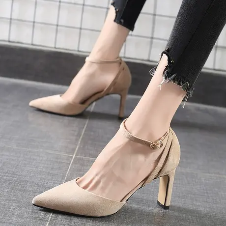 法式少女高跟鞋2023年新款气质一字带职业粗跟中空尖头凉鞋女百搭商品大图