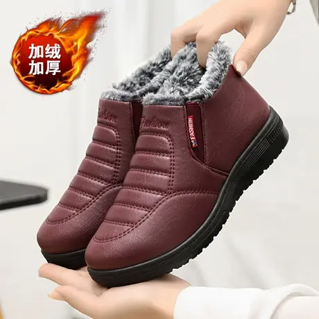 老北京棉鞋女中老年加绒皮鞋41码冬季防滑防水妈妈棉靴加厚雪地靴商品大图