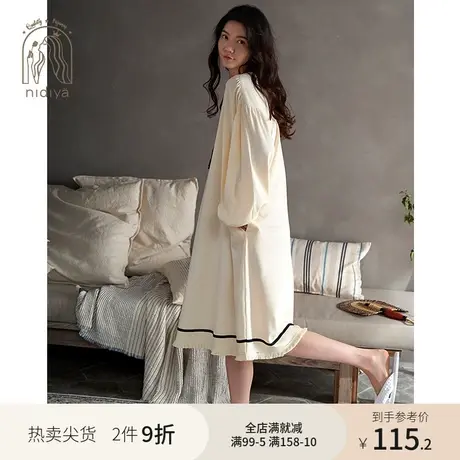 妮狄娅睡衣女秋季纯棉长袖睡裙甜美公主简约春秋纯色可外穿家居服商品大图