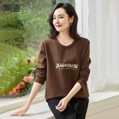 简涵大码女装2025春季新款圆领正肩卫衣宽松休闲胖MM显瘦遮肚上衣图片