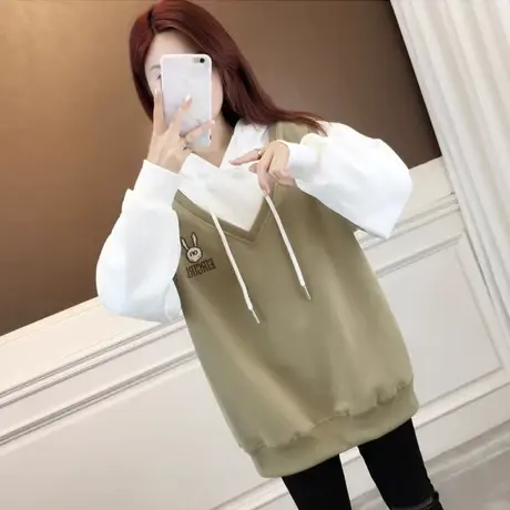 春秋季新款大码胖mm女装遮肚子连帽小众加绒加厚假两件卫衣200斤商品大图