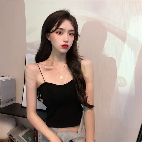 性感辣妹黑色吊带背心女夏季带胸垫内搭外穿打底美背短款抹胸上衣商品大图
