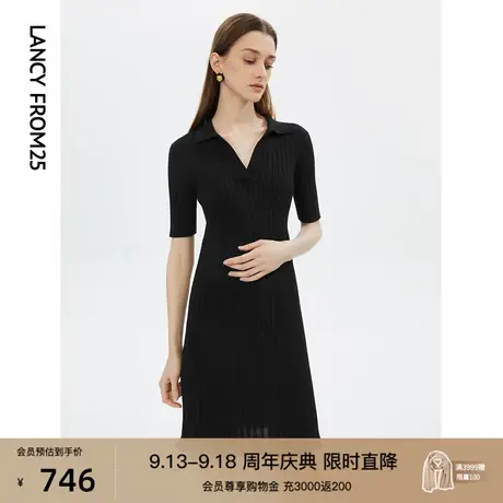 朗姿法式休闲POLO领纯棉黑色针织连衣裙2022年秋季新款小黑裙女商品大图
